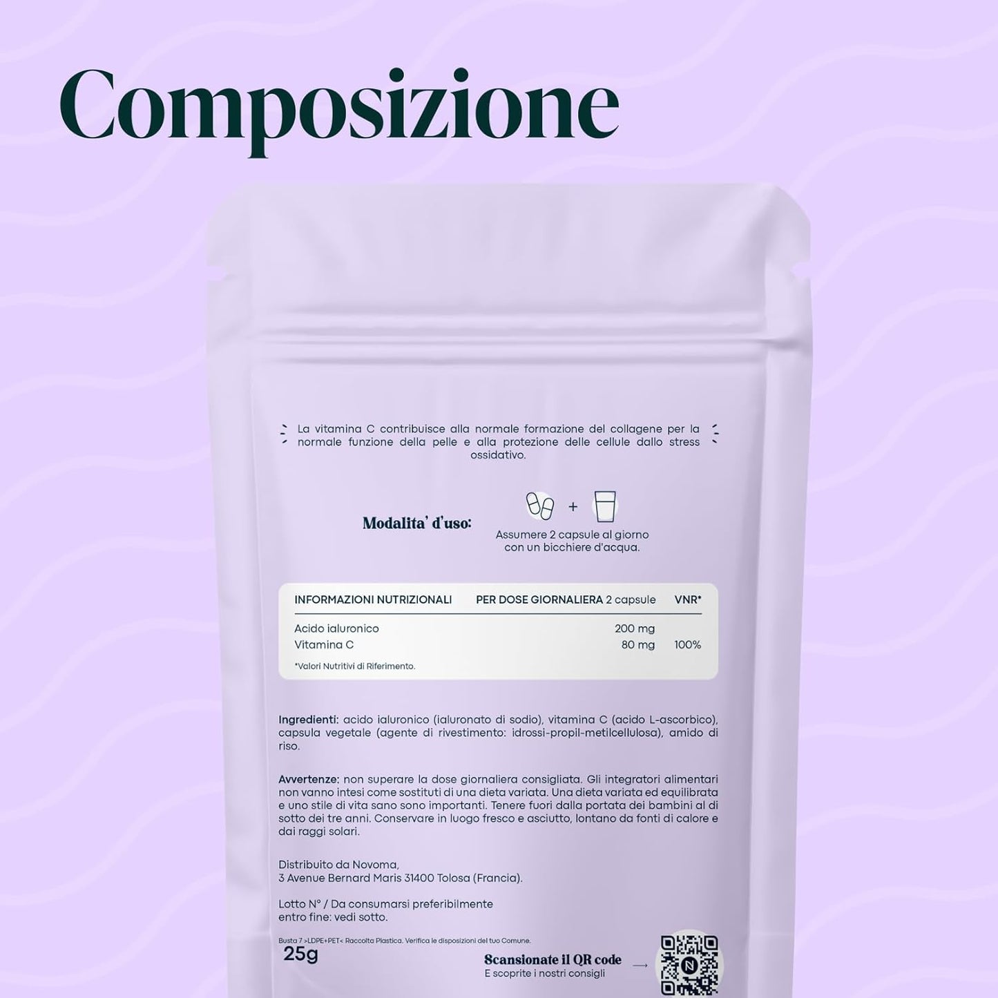 Acido Ialuronico Puro, 60 Capsule Vegane, Azione Anti-Età + Antirughe, 800-900 kDa, Trattamento di 1 mese, Idratazione della Pelle, Con Vitamina C, Prodotto in Francia, Essentials by Novoma