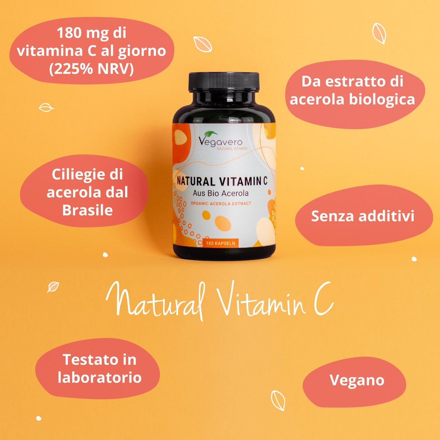 Vitamina C Naturale BIO | 1060 mg di Acerola | L’unica Biologica e Senza Additivi | Integratore per Sistema Immunitario e Antiossidante | 180 capsule | Vegan