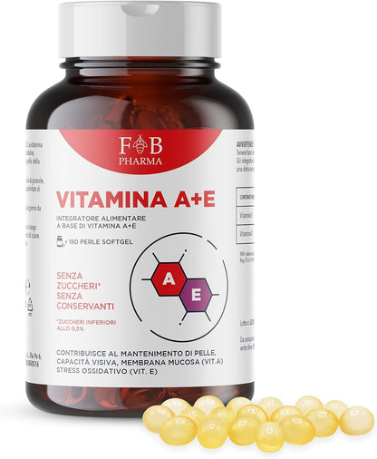 FB PHARMA - Integratore di VITAMINA A 1000mcg + VITAMINA E 47mg - 180 perle in SOFT GEL - per mantenimento VISTA, PELLE, CAPELLI normali - Formula studiata in Italia