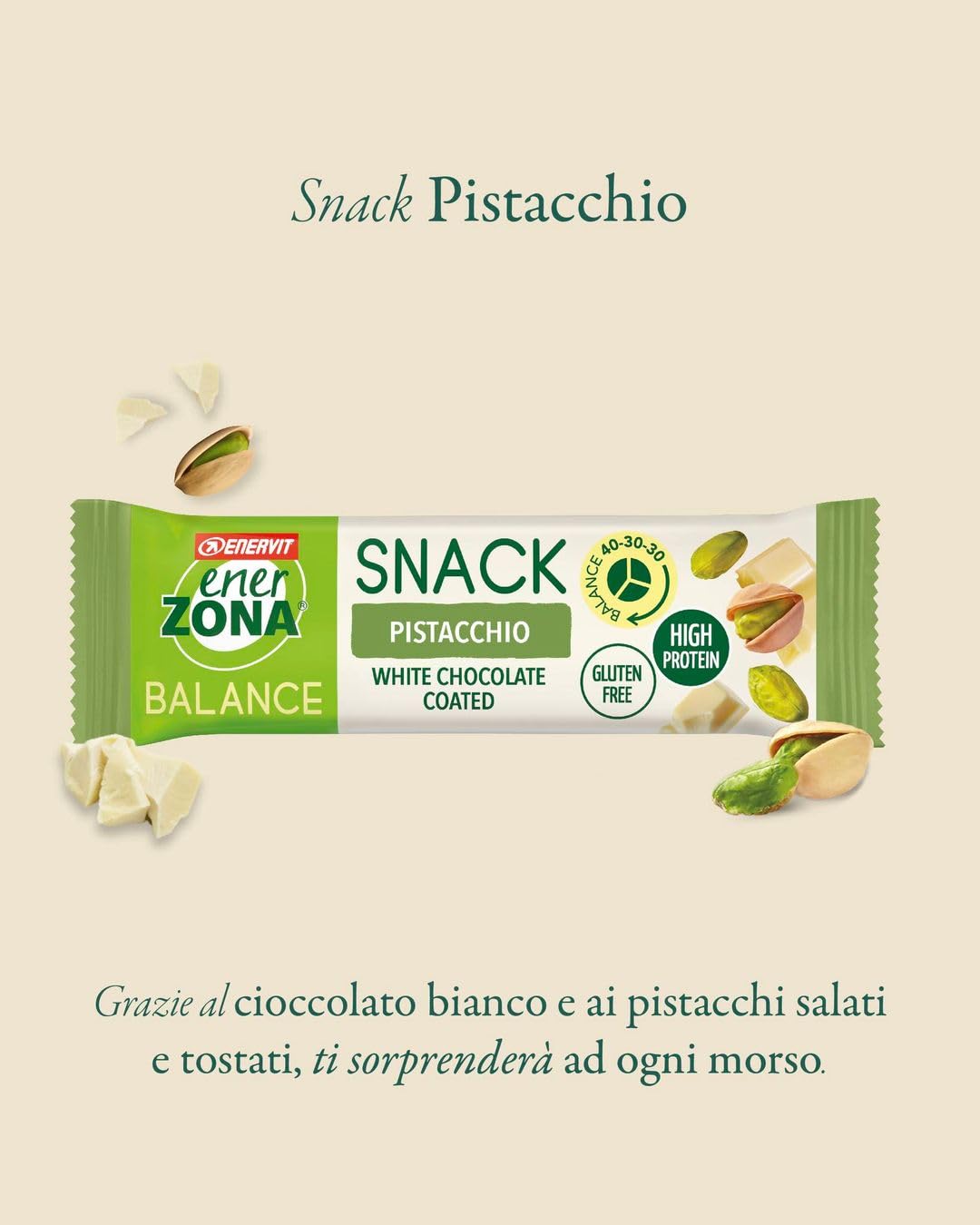 Enervit, Enerzona Protein Snack 40-30-30 Gusto Pistacchio, 10 Barrette Proteiche da 33gr Dieta a Zona con Proteine del Latte e Fibre, per Mantenere il Tono Muscolare, Senza Olio di Palma