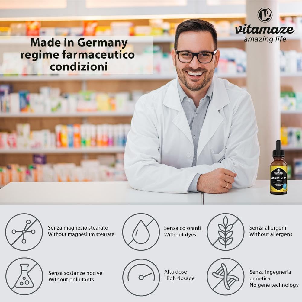 Vitamaze® Vitamina D3 Gocce 1000 UI, 50 ml (1750 Gocce) Alto Dosaggio, Colecalciferolo vegetariano, Alta Biodisponibilità, Qualità Tedesca, Naturale Pura Integratore senza Additivi non Necessari…