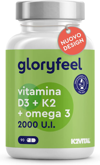 Vitamina D3 + K2 + Omega 3, 90 Capsule Softgel, 2000UI Vitamina D, 100 µg Vitamina K, 1000mg Olio di Pesce 400mg EPA e 300mg DHA, Vit D3 Colecalciferolo + Vit K2 MK7 99% (K2VITAL® di Kappa) + Fish Oil