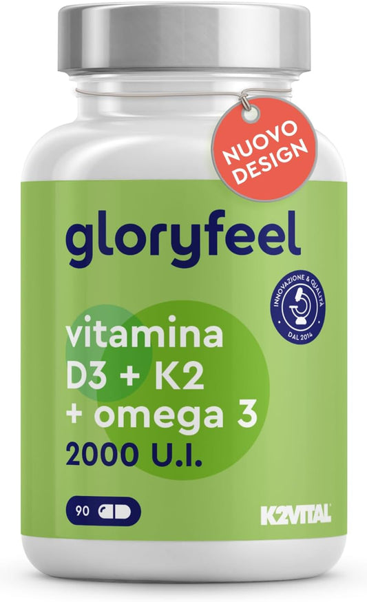 Vitamina D3 + K2 + Omega 3, 90 Capsule Softgel, 2000UI Vitamina D, 100 µg Vitamina K, 1000mg Olio di Pesce 400mg EPA e 300mg DHA, Vit D3 Colecalciferolo + Vit K2 MK7 99% (K2VITAL® di Kappa) + Fish Oil