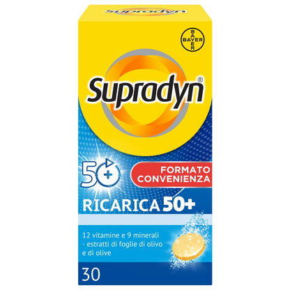 Supradyn Ricarica 50+ Integratore Multivitaminico Completo Vitamine E Minerali Con Vitamina B12, C, D, Zinco Per Stanchezza Fisica E Concentrazione Dai 50 Anni Uomo E Donna, 30 Compresse Effervescenti