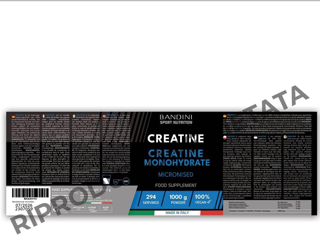 Bandini® Creatina Monoidrata Micronizzata 1kg/1000g in Polvere Pura e Vegana al 100% - Integratore Alimentare per Palestra, Sport, Fitness e Pre Workout - A base di Creatine Monoidrato