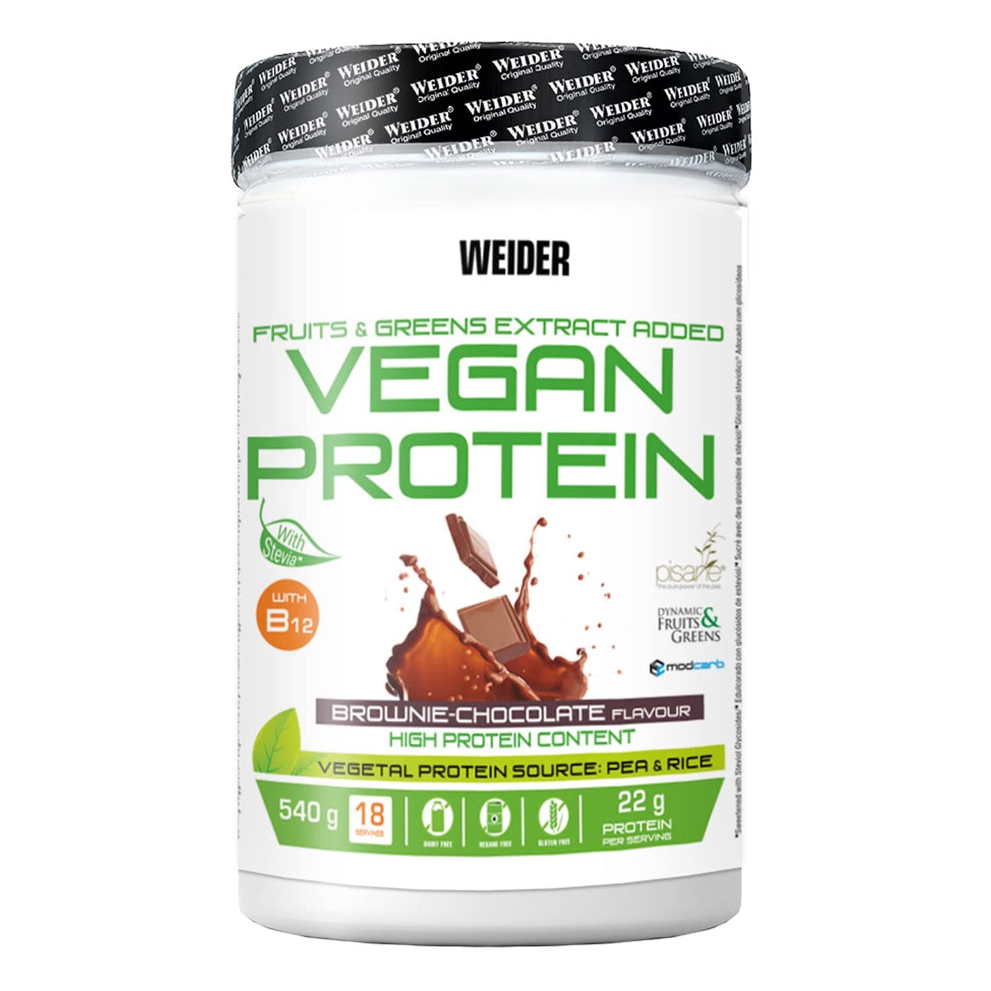 Weider Vegan Protein (750g) Gusto Cappuccino. Proteine Vegane 23g/dose isolate di piselli e riso, Con Vitamina B12 e Stevia, Senza Glutine, Senza Zucchero, Contenitore 50% Riciclato, 100% Riciclabile