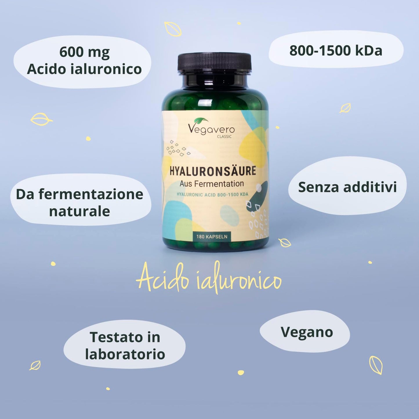 Acido Ialuronico Integratore | 600 mg | 800-1500 kDa | VEGAN | 100% NATURALE da fermentazione | 180 capsule: 6 Mesi di Fornitura | Hyaluronic Acid | Vegavero®