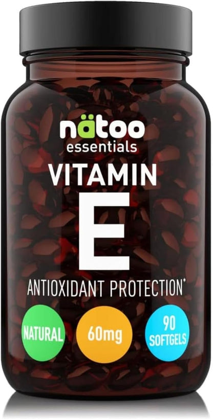 NÄTOO Vitamina E 60mg (90UI) Softgel 90 perle. Integratore naturale (D-Alfa-Tocoferolo) - Vitamina E Pura potente antiossidante - Alto dosaggio 500% del VNR