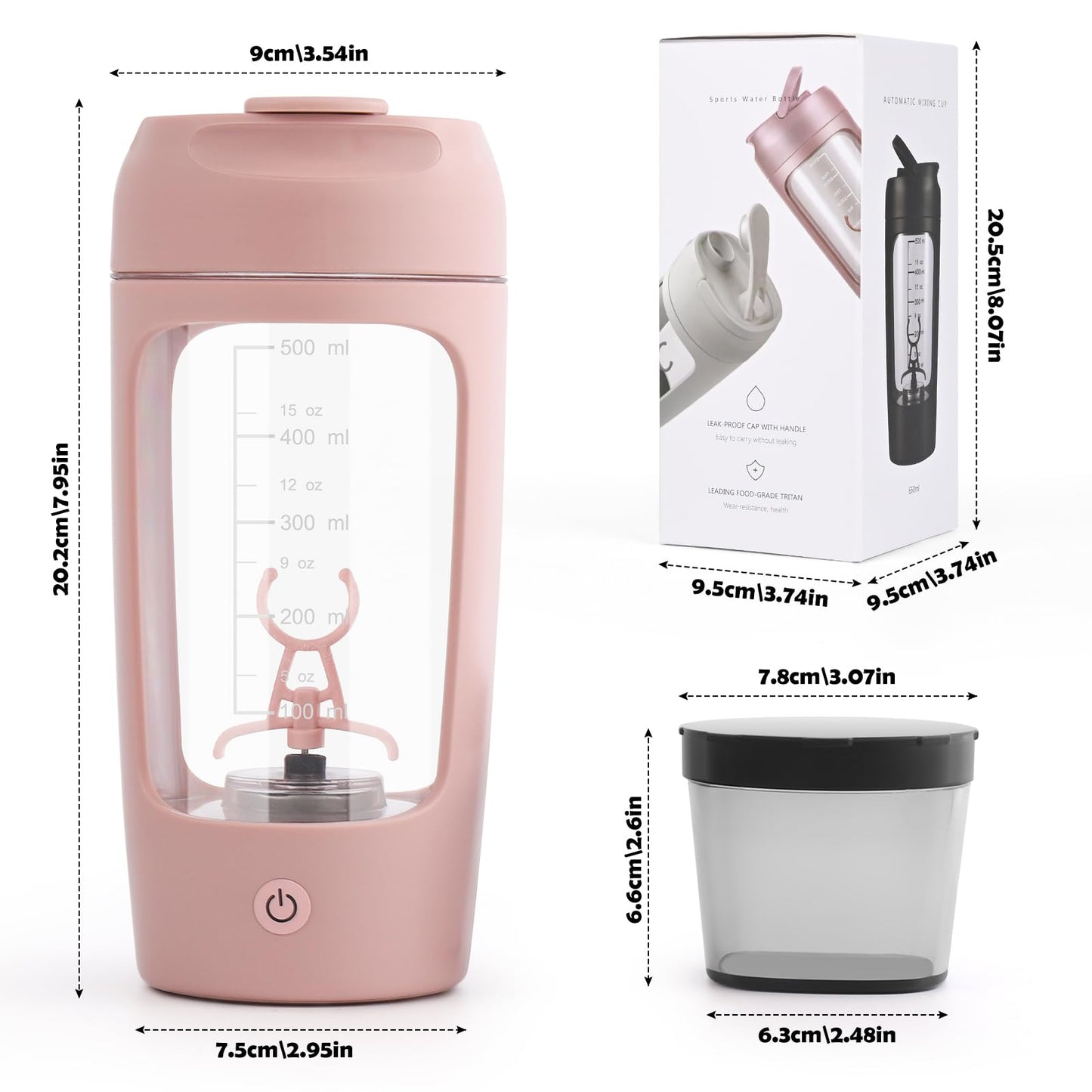 Shaker Proteine Elettrico, 650 ml, frullatore elettrico per frullati proteici ricaricabile USB C, Tazze Shaker Ricaricabili, Protein Shaker Bottle con Vano Portaoggetti, per Frullati Proteici (bianco)