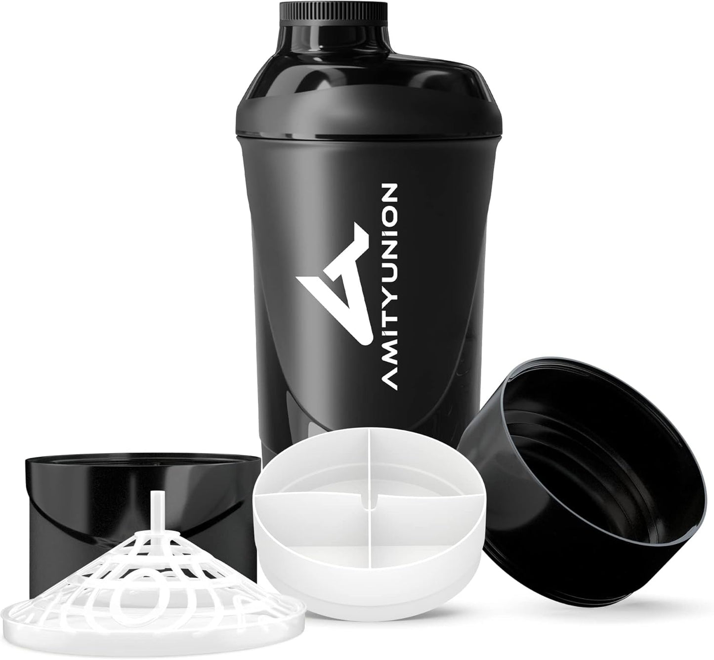 AMITYUNION Shaker per proteine - L'ORIGINALE Senza BPA con setaccio, scala per frullati di siero di latte cremosi, tazze Gym Deluxe per isolati e concentrati sportivi, (Coppa nera)