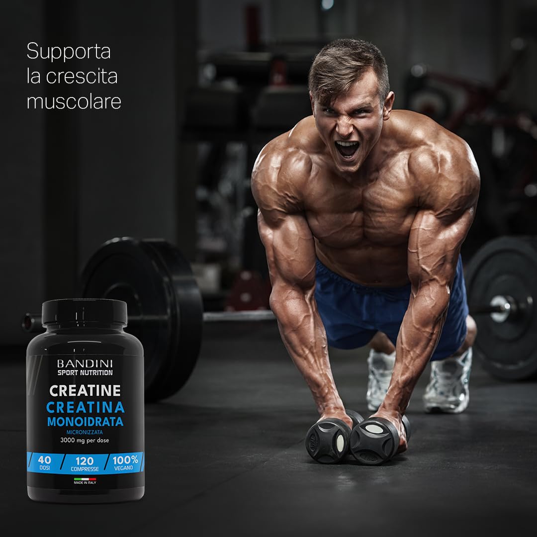 Bandini® Creatina Micronizzata Monoidrata 120 compresse da 3.000mg per dose - Integratore Alimentare per Massa Muscolare e Boost Energetico Pre Post Intra Workout - Creatine Monohydrate 100% Vegan