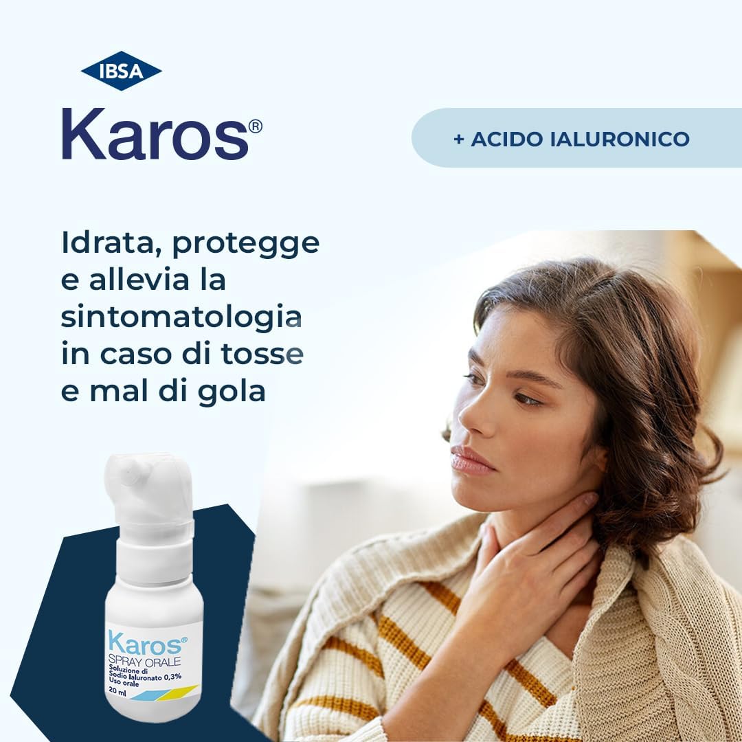 Karos Spray Orale | Soluzione a Base Di Acido Ialuronico Da Nebulizzare in Gola in Caso Di Infiammazione Della Mucosa Orale E Faringea.