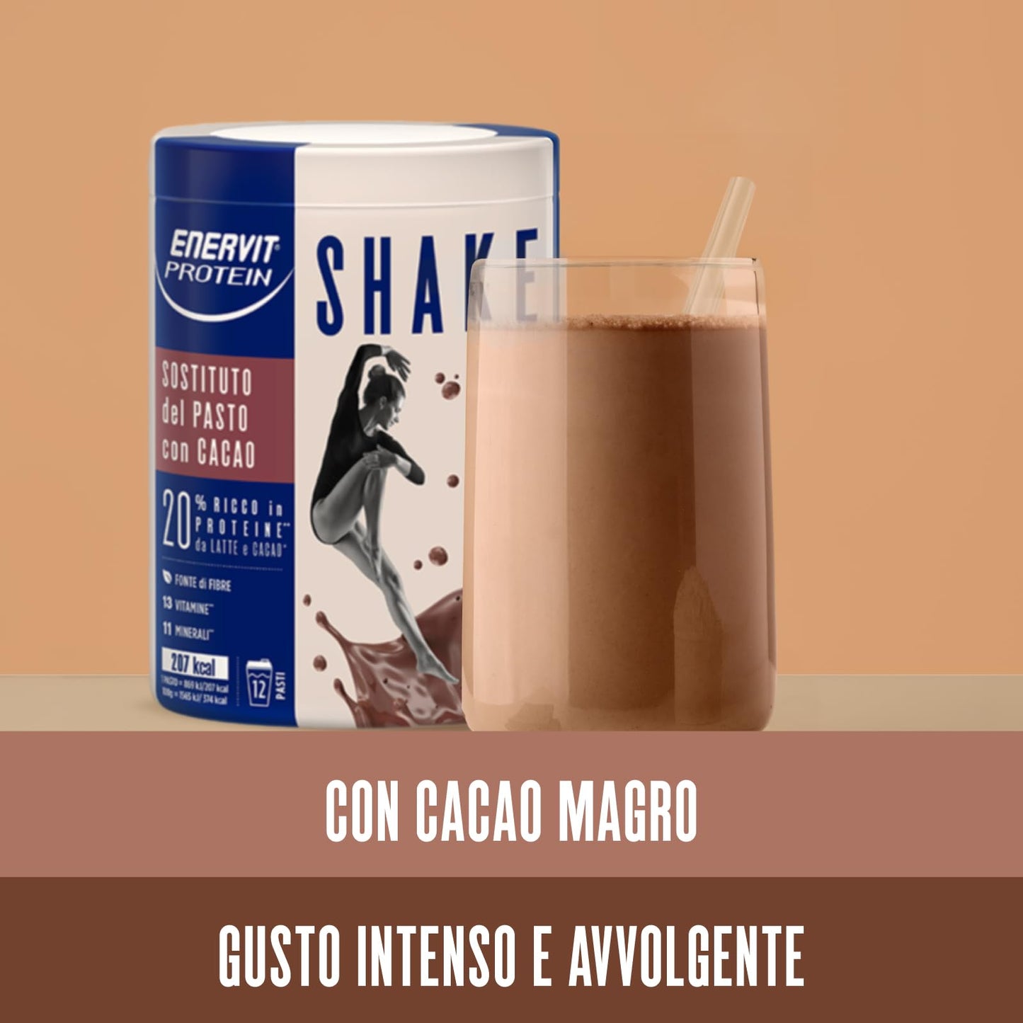 Enervit Meal Shake Cacao Protein, Bevanda Proteica Adatto Come Sostituto del Pasto, Ricco di Proteine, la Confezione Copre 12 Pasti, 20% Proteine, 13 Vitamine e 11 Minerali