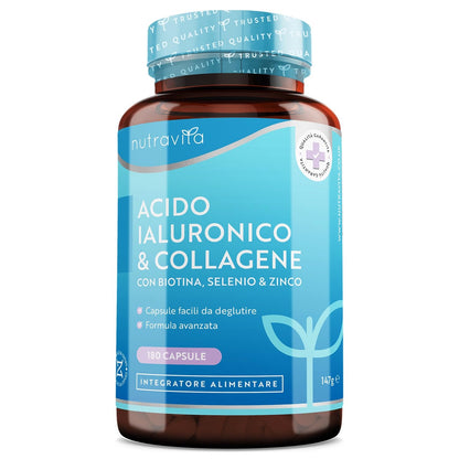 Collagene e Acido Ialuronico Integratore 180 Capsule - 1000mg Collagene Idrolizzato + 200mg Acido Ialuronico + Vitamina C, Biotina, Zinco e Selenio - Integratori per Capelli Pelle e Unghie - Nutravita