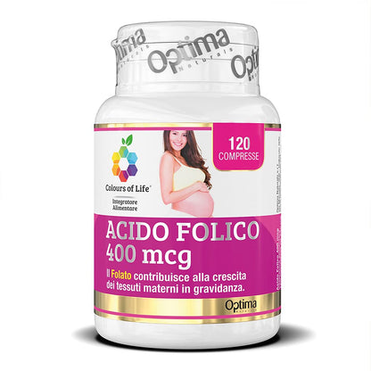 Optima Naturals Colours of Life Acido Folico 400 mcg - Integratore di Contribuisce alla Crescita dei Tessuti Materni Gravidanza Senza Glutine Vegano, 120 Compresse