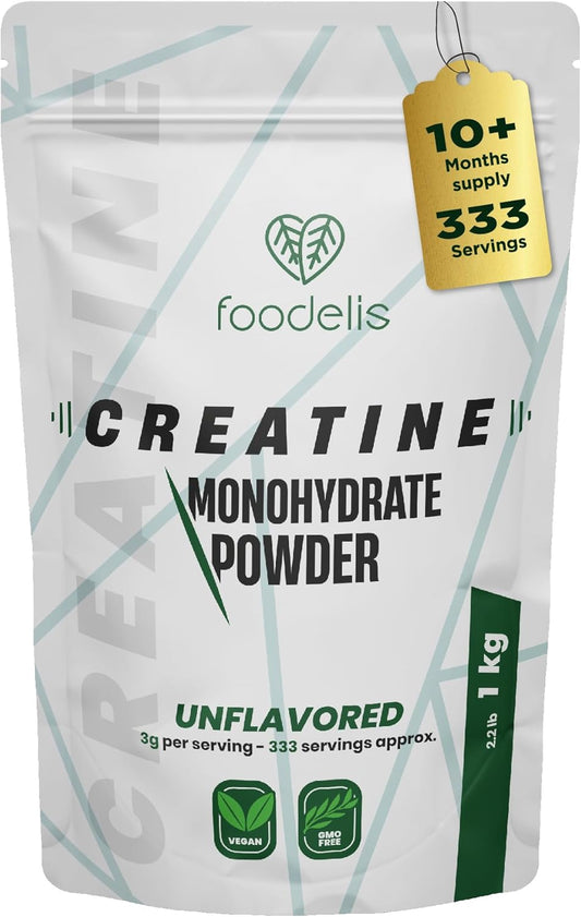 Creatina Monoidrata Micronizzata in polvere 100% - 1 kg / 1000g - Insapore - Aumento delle prestazioni fisiche e della forza muscolare - Incluye dosatore - Altamente solubile - FOODELIS®