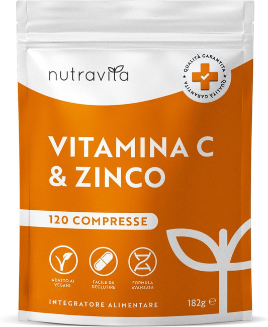 Vitamina C Pura Alto Dossagio 1000mg + Zinco 15mg – 120 Compresse Vegane - Integratori Vitamina C Zinco ad Alta Resistenza - Sostiene il Sistema Immunitario, Pelle, Ossa, Unghie, Capelli – Nutravita