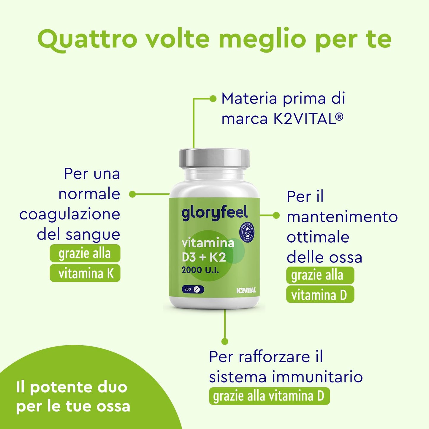 Vitamina D3 K2, Vitamina D, Qualità Premium K2VITAL®, 200 Compresse, Vitamina D3 2000 UI + 100 µg Vitamina K, Supporta Ossa, Denti, Articolazioni e Sistema Immunitario, Formula Ottimale