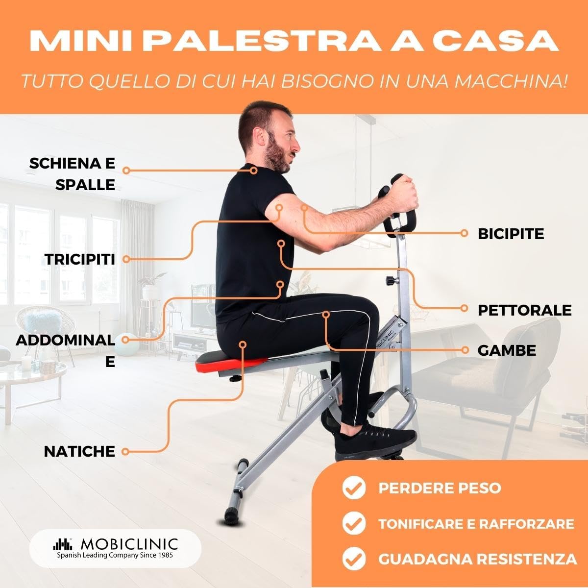 Mobiclinic® Fitness, Total Power Body Crunch, Pieghevole, Vitalfit, Stretching e Allenamento Multifunzionale, Display LCD, Carico 100KG, Palestra Domestica, Manubri Regolabili, Base Antiscivolo