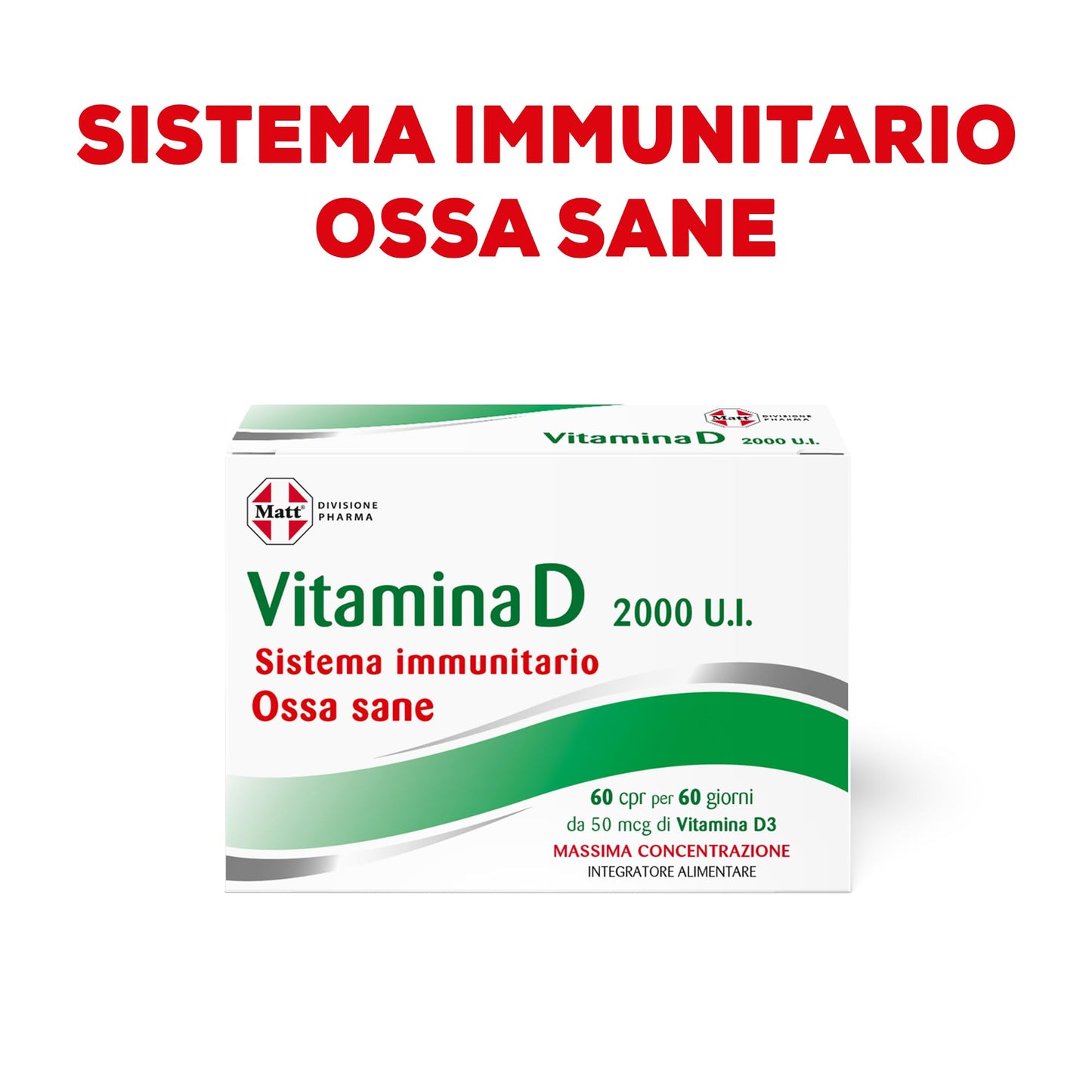 Matt, Vitamina D 2000 U.I., Integratore Alimentare per le Difese Immunitarie, Contribuisce al Mantenimento di Ossa e Denti Sani, Confezione da 60 Compresse