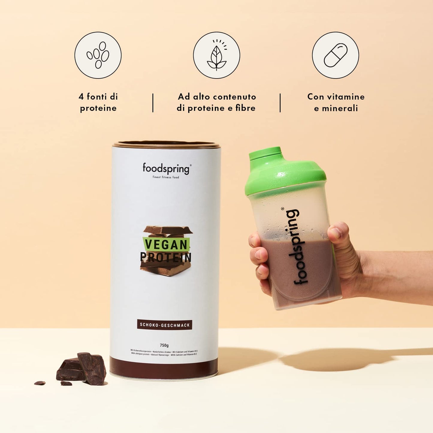 foodspring Proteine Vegane Cioccolato - 20g Proteine per Shake - Proteine Vegetali con B12, B6, acido folico, biotina, calcio e zinco - Senza Glutine e Soia