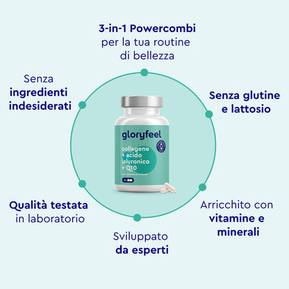 Collagene Marino con Acido Ialuronico, con Coenzima Q10, Vitamina C e Zinco, Vitamine A, B12, D3, Magnesio, 60 Capsule, Collagene Marino Idrolizzato, Collagene Integratore Pelle, Ossa e Articolazioni