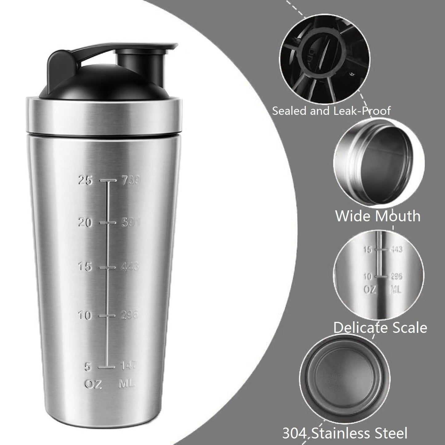 Shaker Proteico in Acciaio Inox, Bottiglia Shaker per Proteine, Shaker da Palestra da 750ml, Shaker Bottle Portable Shaker per Proteine Fitness Borraccia Fitness Bottiglie per Miscele