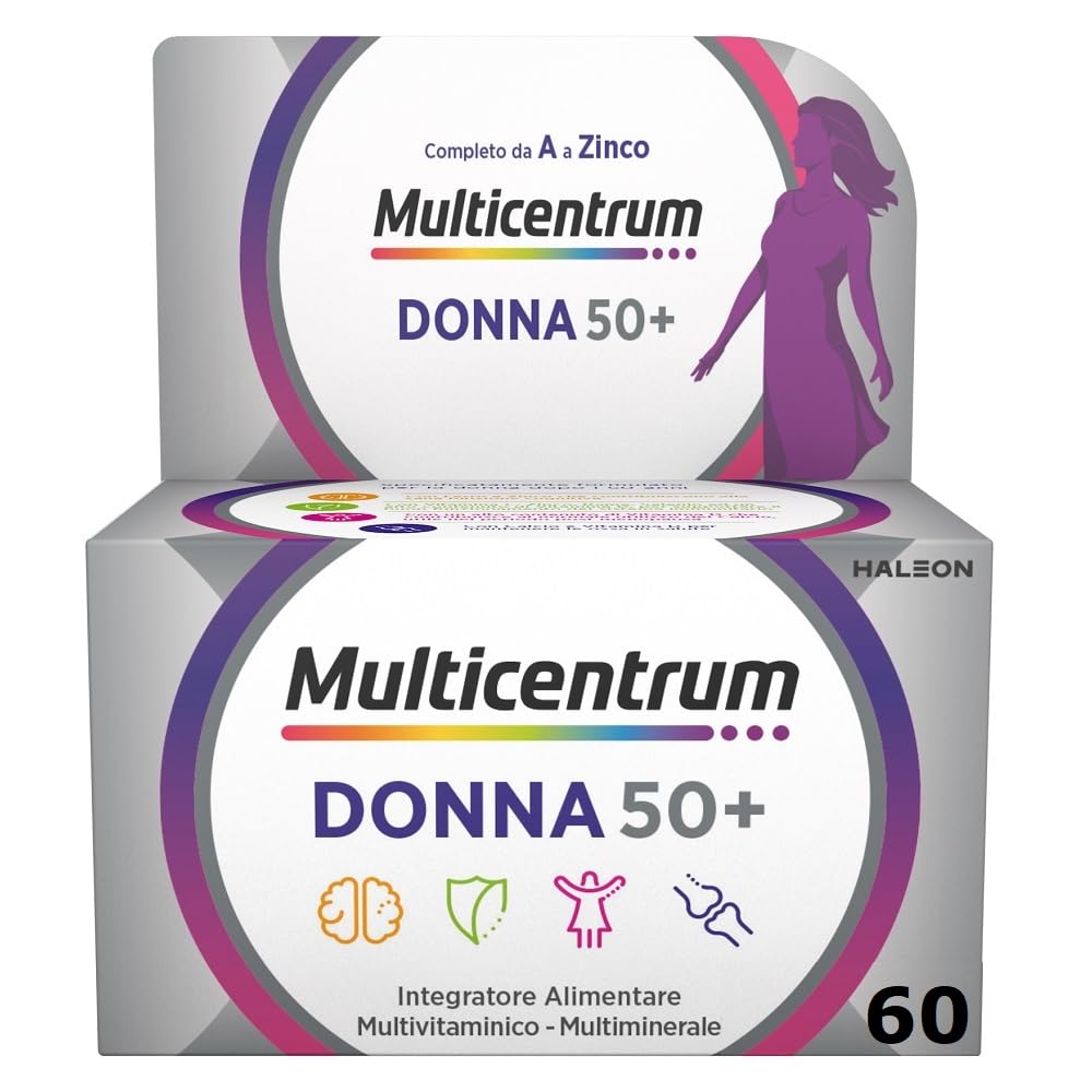 Multicentrum Donna 50+ Integratore Multivitaminico completo, con Magnesio, Vitamina A, D, B12, Calcio, per combattere stanchezza e affaticamento per Donne oltre 50 anni, 100 Compresse