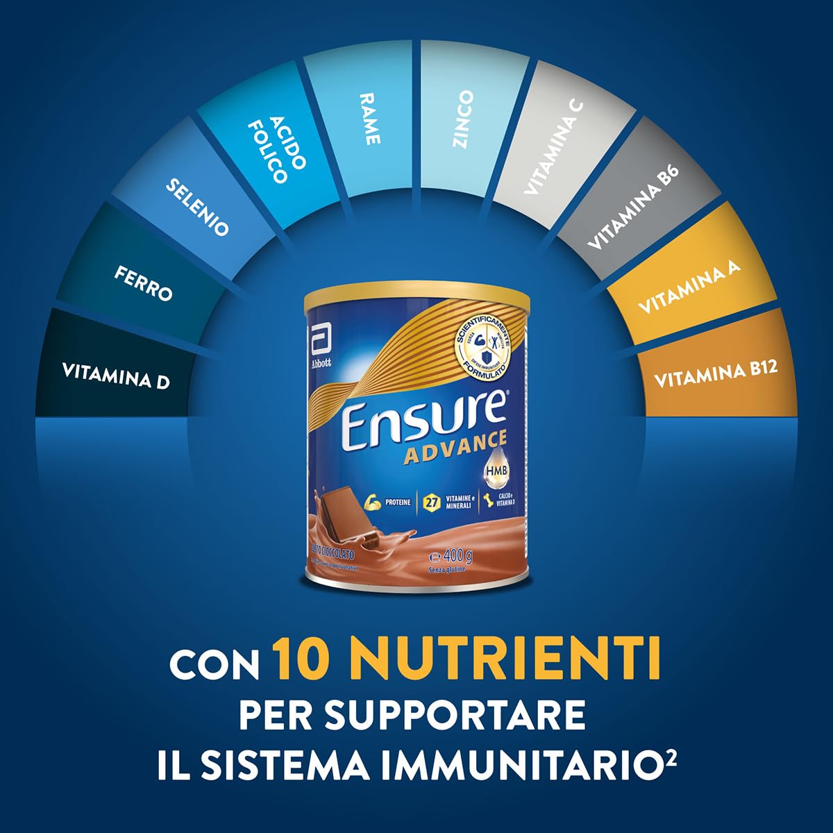 Ensure Advance Integratore Alimentare Proteico in Polvere, con 27 Vitamine e Minerali, Integratore Alimentare con Proteine, Calcio e HMB, Confezione 850g, Gusto Cioccolato