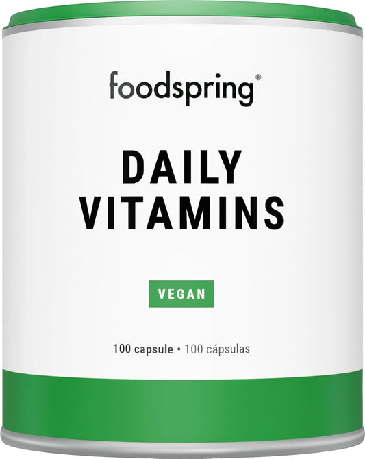 foodspring Daily Vitamins, 100 Capsule, Integratore multivitaminico di alta qualità con dose giornaliera necessaria di vitamine D, C, B12