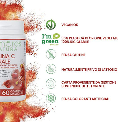 Armores Natura Integratori Alimentari, Vitamina C Naturale, Integratore a Base di Vitamina C da Acerola, Rosa Canina e Camu Camu, Aroma naturale Arancia, Vegano, 60 Compresse Masticabili