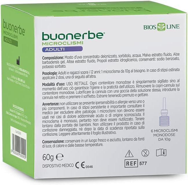 BIOS LINE Buonerbe Microclismi, Dispositivo Medico CE Ideale per Favorire l'Evacuazione Senza Irritare, 6 Microclismi da 10g (Adulto)