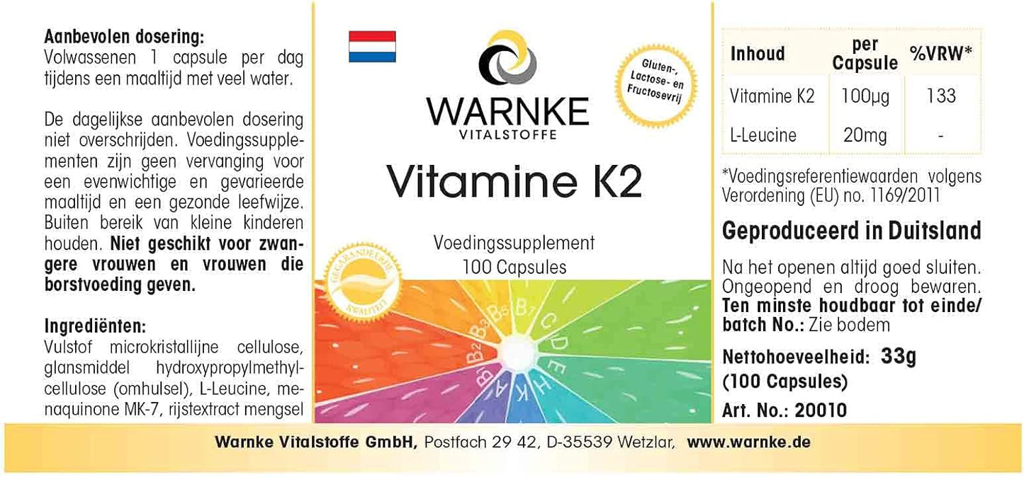 Vitamina K2 MK7 100 mcg (Menachinone naturale MK-7) - 100 capsule pure | Warnke Vitalstoffe - Qualità da farmacia tedesca