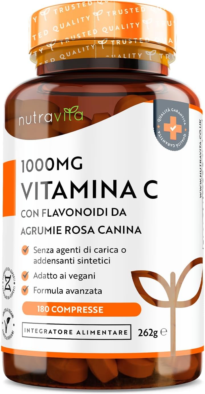 Vitamina C 1000mg - 180 Vitamina C Compresse per 6 Mesi - Vitamina C Pura con Rosa Canina e Flavonoidi - Integratore Vitamina C Acido Ascorbico - 100% Vegan - Senza Glutine e OGM - Nutravita