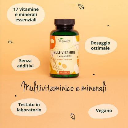 MULTIVITAMINICO Multiminerale Vegavero® | L’UNICO SENZA ADDITIVI | Con Vitamine e Minerali Naturali | Integratore per Difese Immunitarie e Stanchezza per Uomo e Donna | Vegan, Capsula