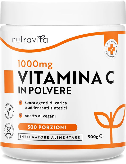 Vitamina C in polvere 500 g - 1000 mg per porzione - scorta per 16 mesi - Acido ascorbico puro in polvere finissima - Supporta il sistema immunitario e riduce la stanchezza - Nutravita