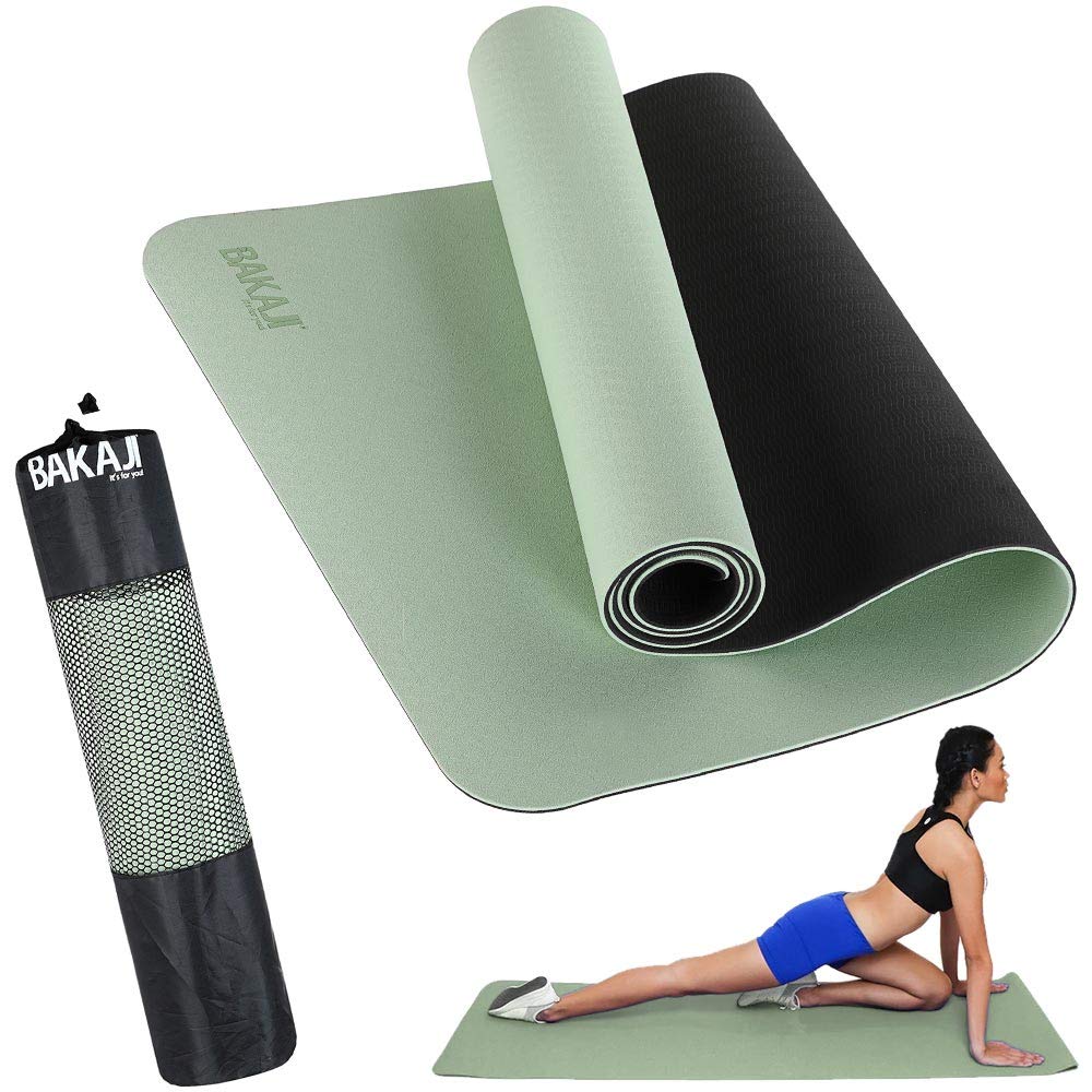 BAKAJI Tappetino Yoga in TPE Ecologioco Doppio Strato Antiscivolo Alta Densità Materassino Tappeto Allenamento Fitness Aerobica Palestra Ginnastica Dimensione 180 x 61 cm con Custodia