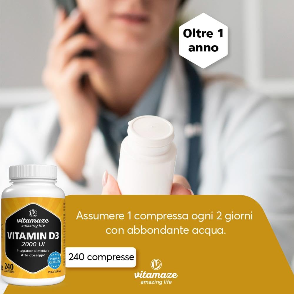 Vitamaze® Vitamina D3 240 compresse Alto dosaggio e vegetariana per più di 1 anno, 2000 UI, 50 mcg di colecalciferolo puro, integratore alimentare naturale senza additivi, Prodotto in Germania