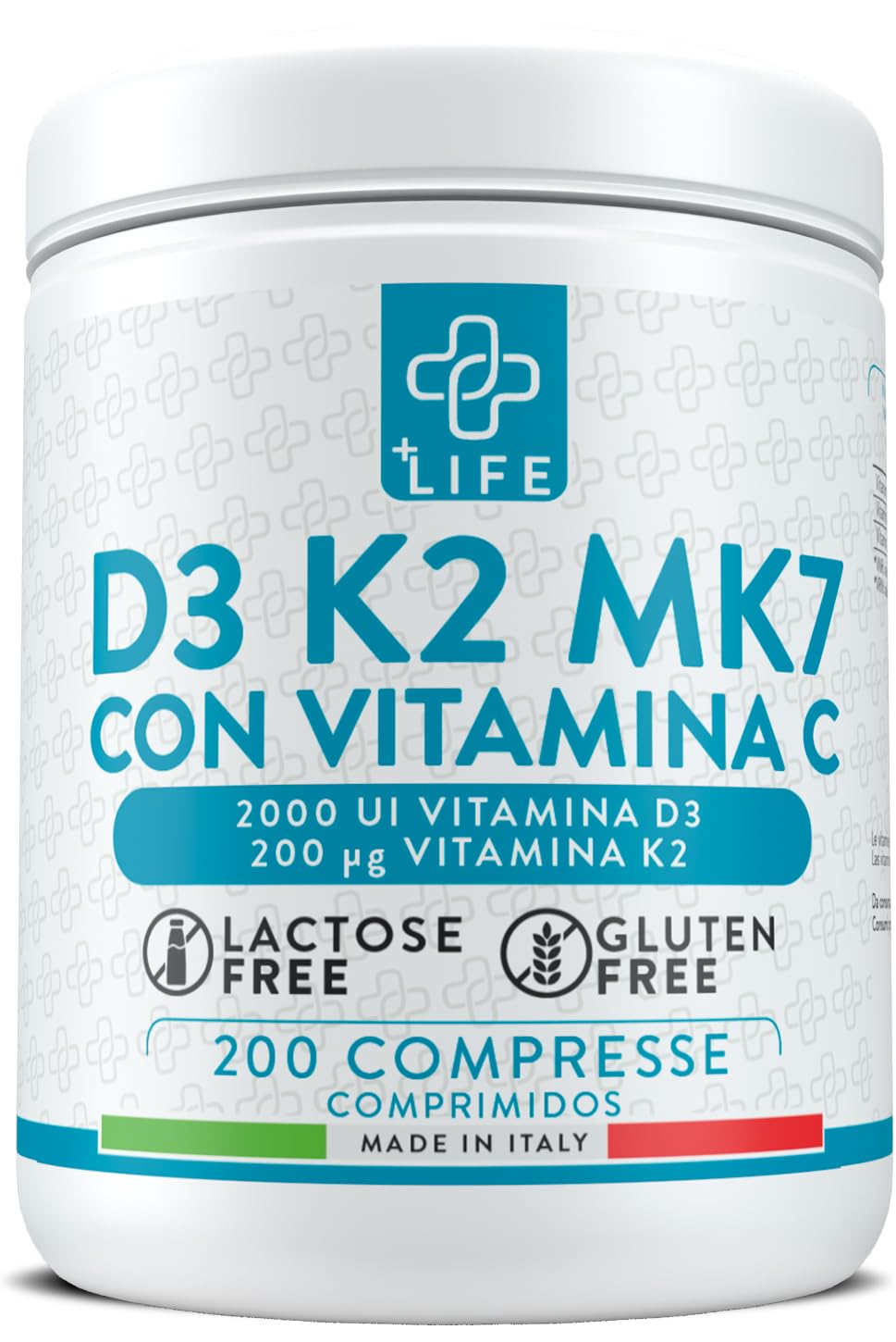 VITAMINA D3 K2 Mk7 Con Vitamina C PiuLife® 200 Compresse Vit D3 2000 UI, Vitamina K2 200µg, Vitamina C 125mg, Benessere Delle Ossa, Difese Immunitarie, Regola Livelli Di Calcio E Fosforo