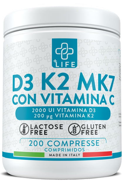 VITAMINA D3 K2 Mk7 Con Vitamina C PiuLife® 200 Compresse Vit D3 2000 UI, Vitamina K2 200µg, Vitamina C 125mg, Benessere Delle Ossa, Difese Immunitarie, Regola Livelli Di Calcio E Fosforo