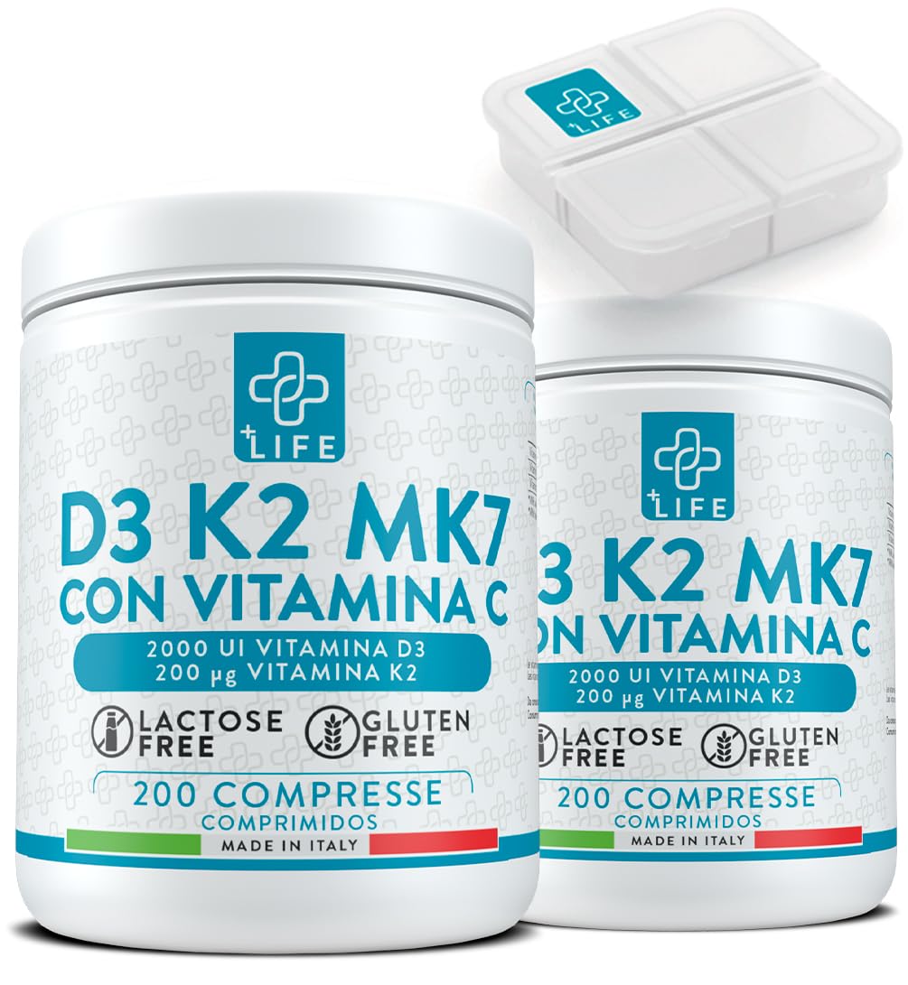 VITAMINA D3 K2 Mk7 Con Vitamina C PiuLife® 200 Compresse Vit D3 2000 UI, Vitamina K2 200µg, Vitamina C 125mg, Benessere Delle Ossa, Difese Immunitarie, Regola Livelli Di Calcio E Fosforo