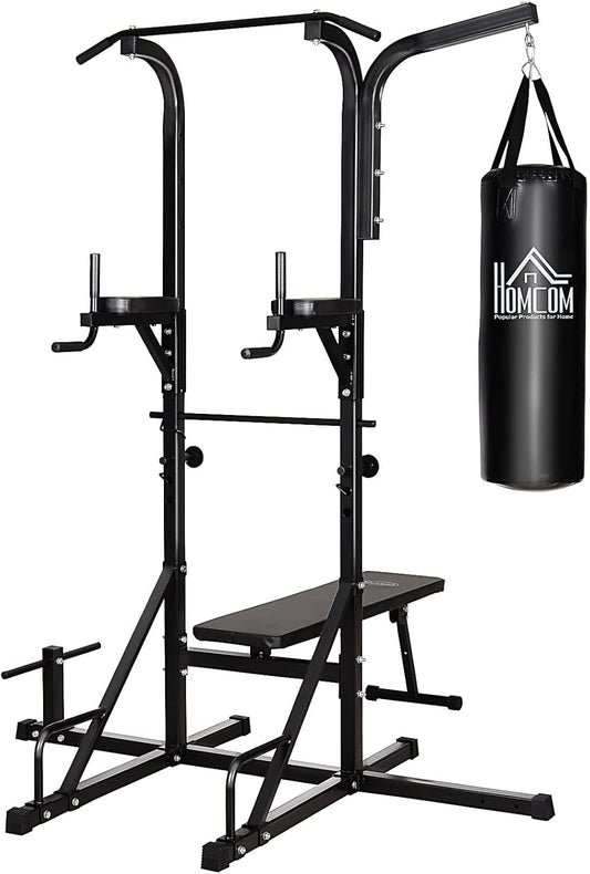 HOMCOM Power Tower con Panca e Sacco da Boxe di 20kg, Stazione Multiuso in Acciaio Nero per Allenamento Total Body