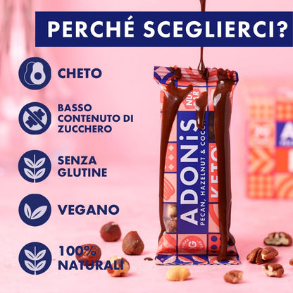 Confezione Mista di Barrette Keto Adonis | 16 Barrette| Vegano & 100% Naturale | Senza Glutine, Senza Zuccheri, Senza Olio di Palma, Senza Lattosio | Snack Dieta Chetogenica