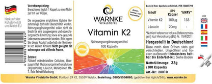 Vitamina K2 MK7 100 mcg (Menachinone naturale MK-7) - 100 capsule pure | Warnke Vitalstoffe - Qualità da farmacia tedesca