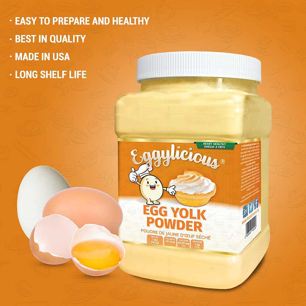 Tuorlo d'uovo eggylicious in polvere, proteine naturali essiccate in polvere, a base di uova fresche, pastorizzate, frullati, non OGM, senza additivi, utilizzate per la cottura, 1 libbre (16 oz)