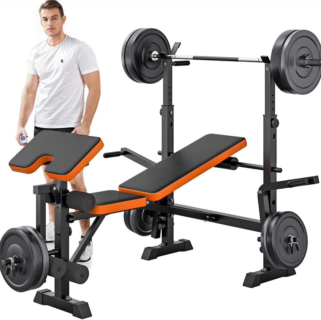 YOLEO Multifunzione Palestra Casa con Rack Palestra, Panca Piana Bilanciere, Panca Addominali con leg extension leg curl - arm curl - porta bilanciere