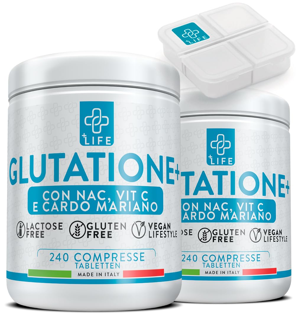 GLUTATIONE Forte 240 Compresse PiuLife® Con Vitamina C, NAC n-acetil-cisteina E Cardo Mariano Fegato, Integratore Glutatione 250 mg, Glutatione Ridotto Antiossidante, Sistema Immunitario, Detox