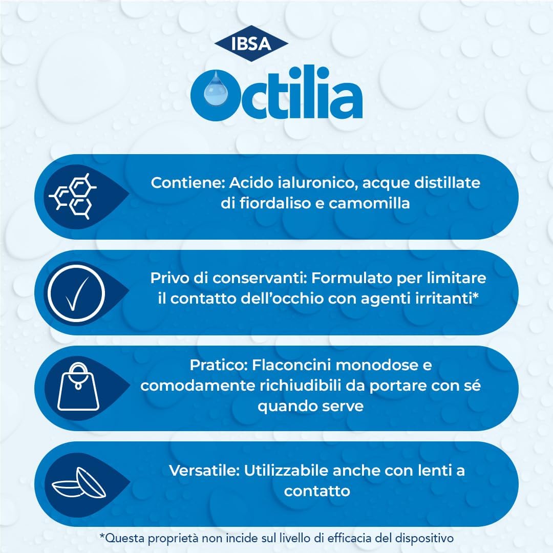 Octilia Natural Gocce Oculari Acido Ialuronico Gocce Occhi Acque Distillate Di Fiordaliso E Camomilla Gocce Per Occhi Irritati E Arrossati in 10 Flaconcini Monodose Richiudibili Da 0,5ml