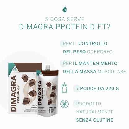 Dimagra Protein - Integratore Alimentare con proteine da siero del latte - Per dimagrire, disintossicare, per il mantenimento e la crescita della massa muscolare - Gusto cioccolato, 10 buste da 22 g