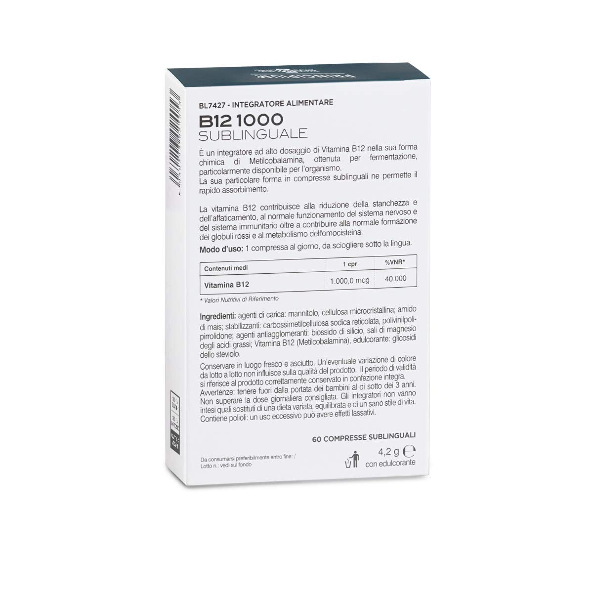 BIOS LINE Principium B12 1000 Sublinguale, Vitamina b12 in forma attiva contro stanchezza e affaticamento, Integratore sistema immunitario, Integratore vitamina b12 vegano, 60 compresse